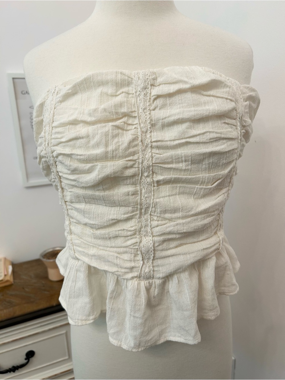 Free People Cream Strapless Ruffled top